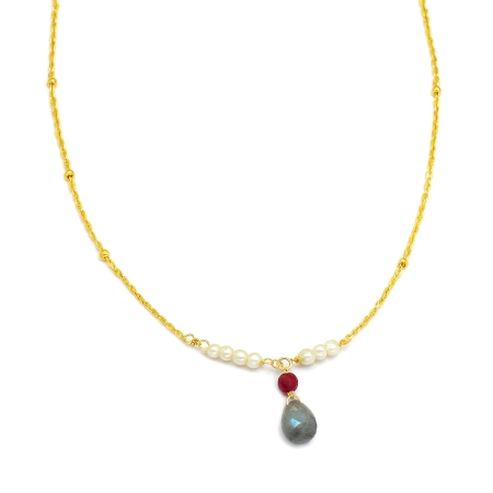 Pearl, Ruby and Labradorite necklace, Gemstone necklace for women, Brass with 22k gold plated
